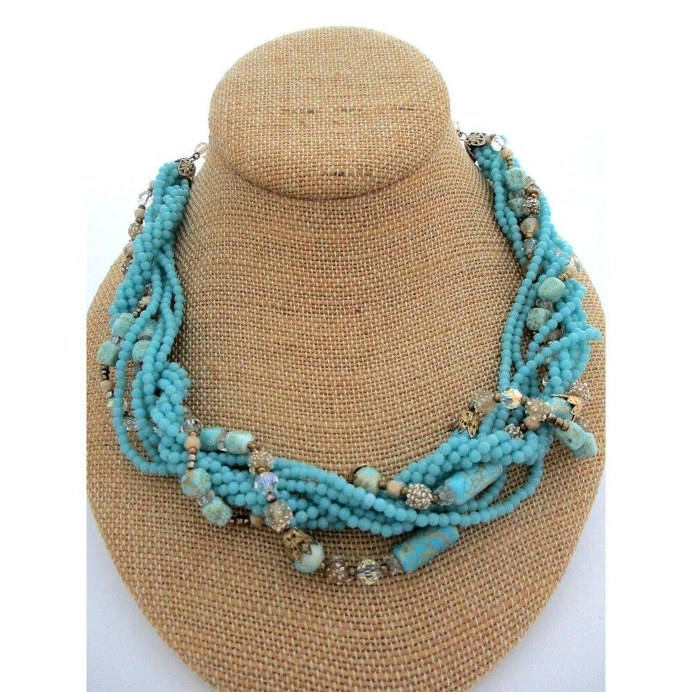 Stunning Vintage Miriam Haskell  Turquoise Blue glass stone bead Necklace signed